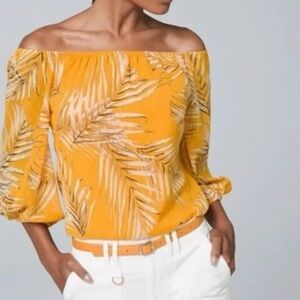 White House Black Market Yellow Leaf Pattern Blouse